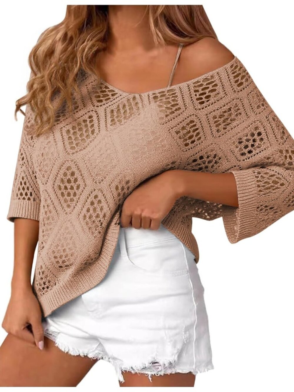 🆕Women's Khaki Sleeve Crochet Tops Summer V Neck Beach Cover Ups Casual